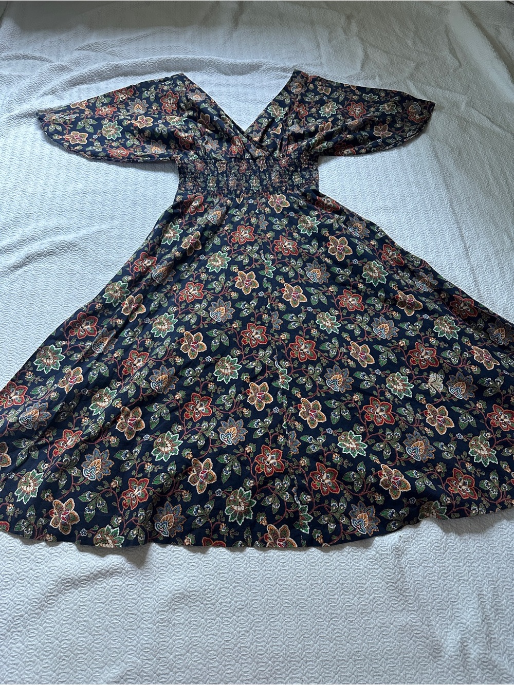 Floral V-Neck Midi Dress in navy with Multicolor Blooms